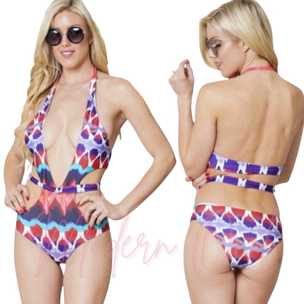 Tie Dye Cross Wrap with Side Cutouts Bathing Suit